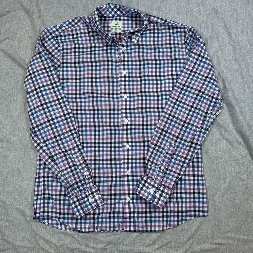 Johnnie O Hangin Out Shirt Mens Large Blue Purple Plaid Long‎ Sleeve Stretch